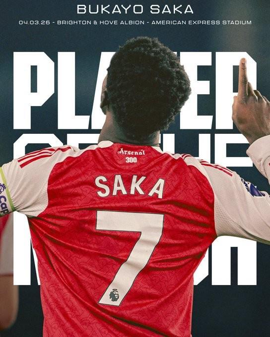 开云赛事中心-打入全场唯一进球，萨卡当选与布莱顿一役阿森纳队内最佳球员